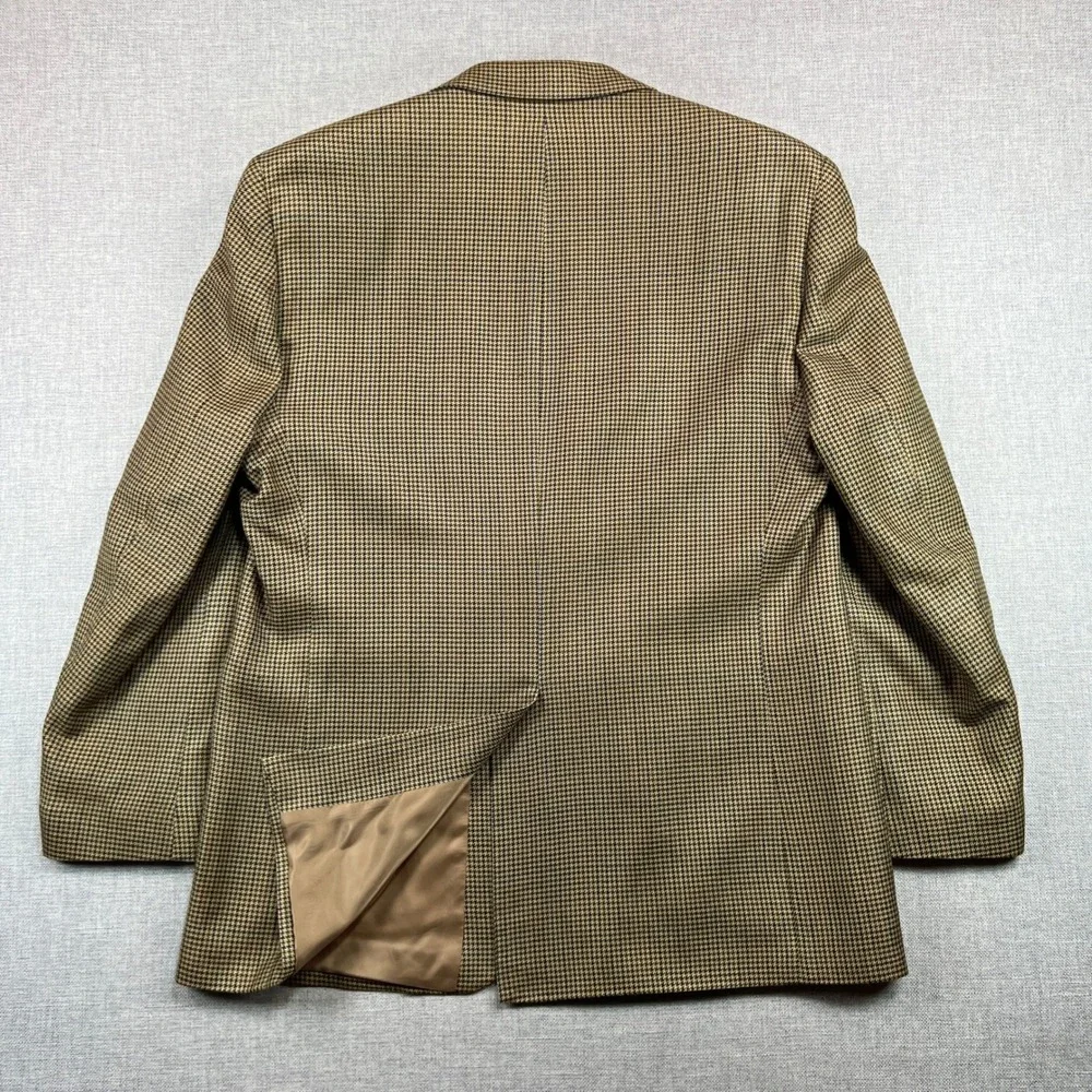 Vintage 90s CHAPS Houndstooth 100% Silk Blazer Sport Coat Men 42R Tan Prep Ivy‎